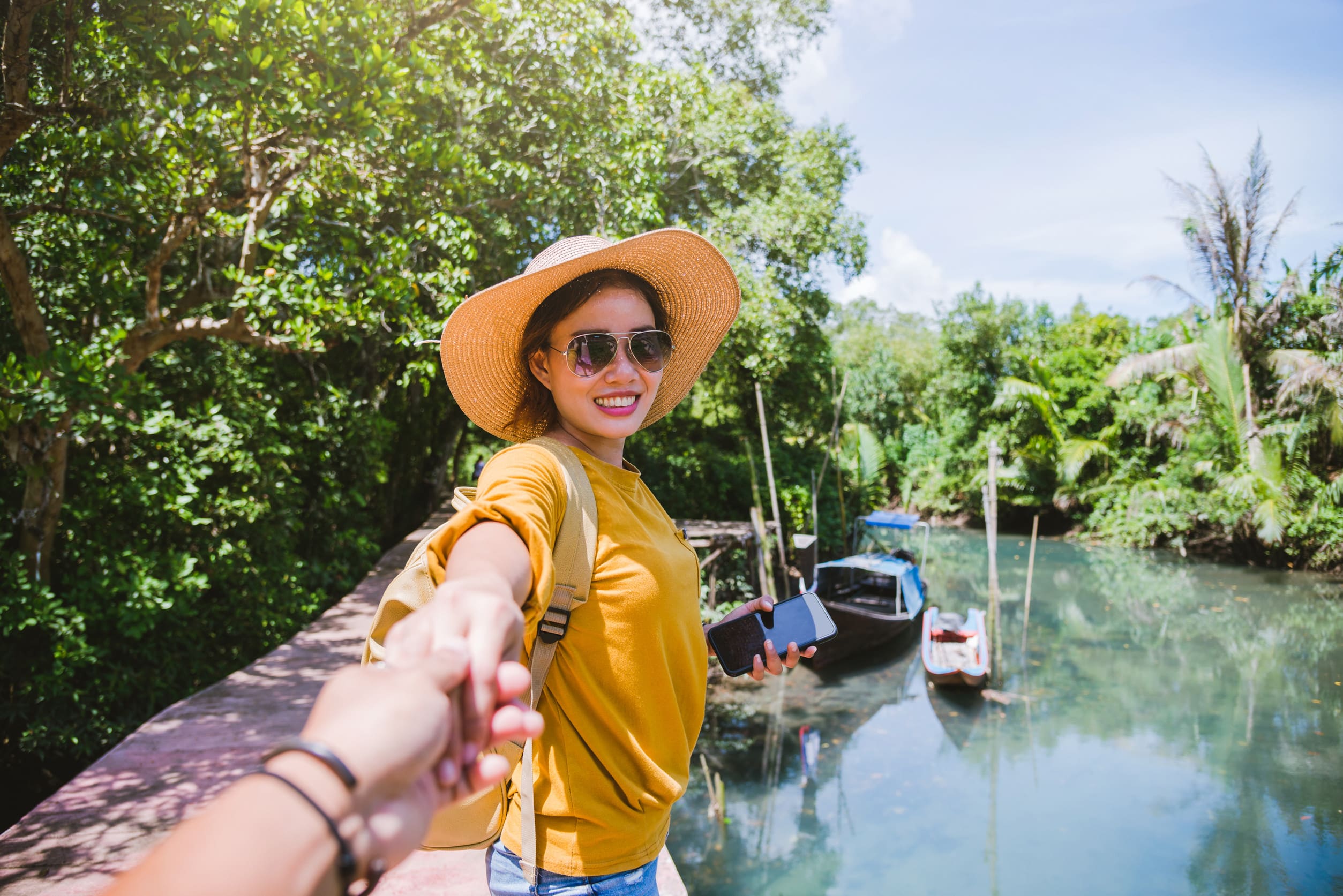 Asian Couple Holding Hands Traveling Nature Travel Relax At Tha Pom Klong